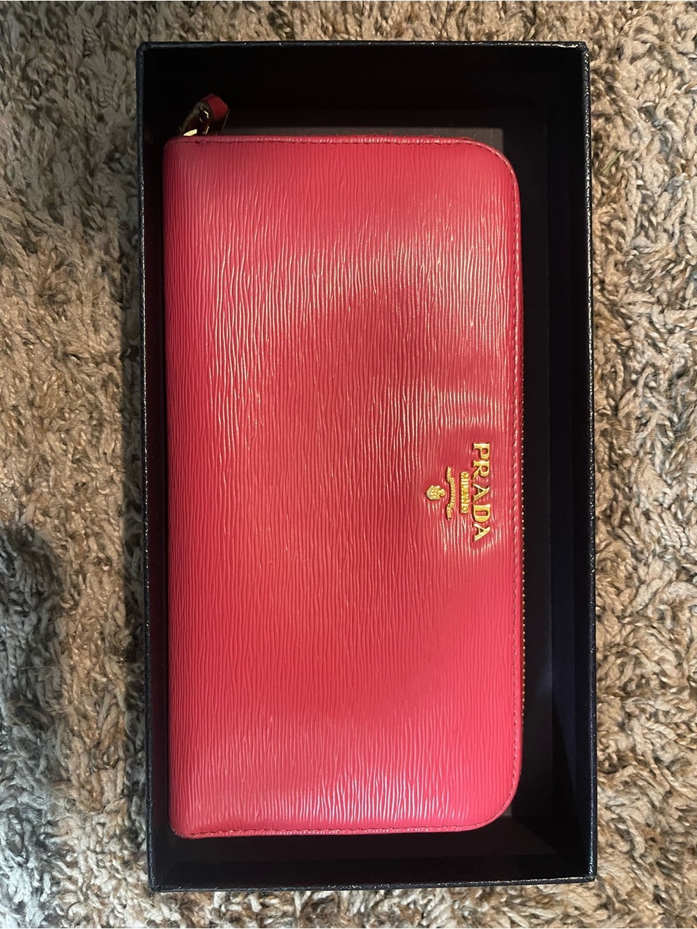 Authentic Prada Saffiano Leather Zip Wallet in Coral Pink with Gold Logo